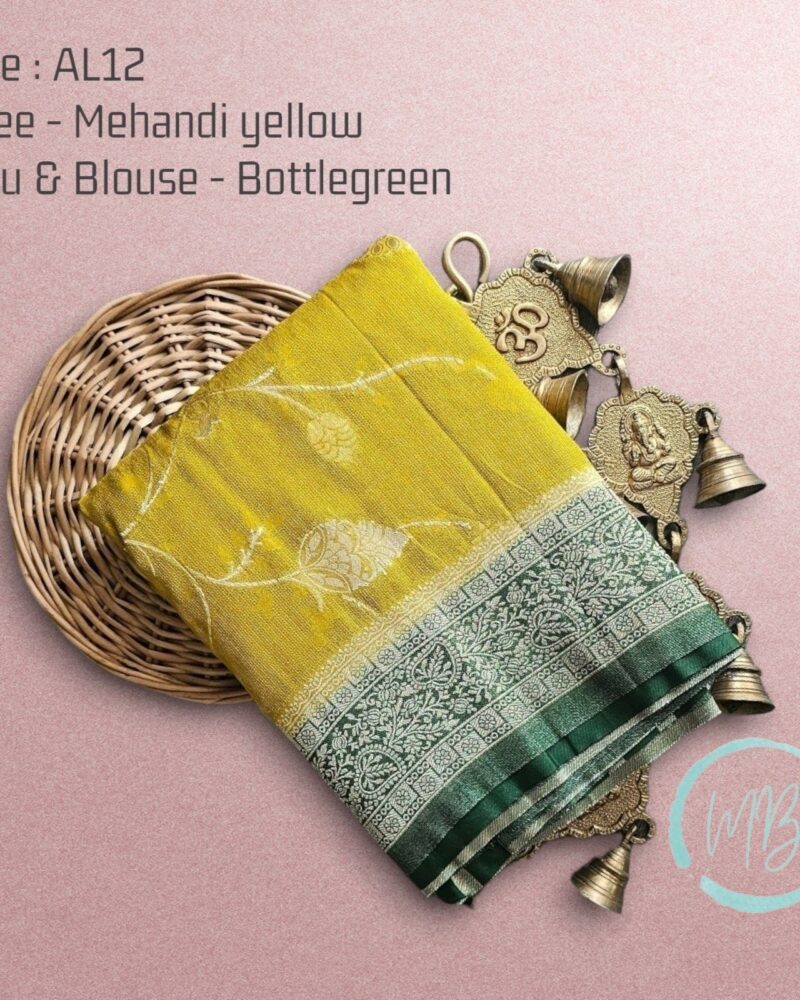 AL12 Mehandi Yellow – Antic Jute Linen Sarees