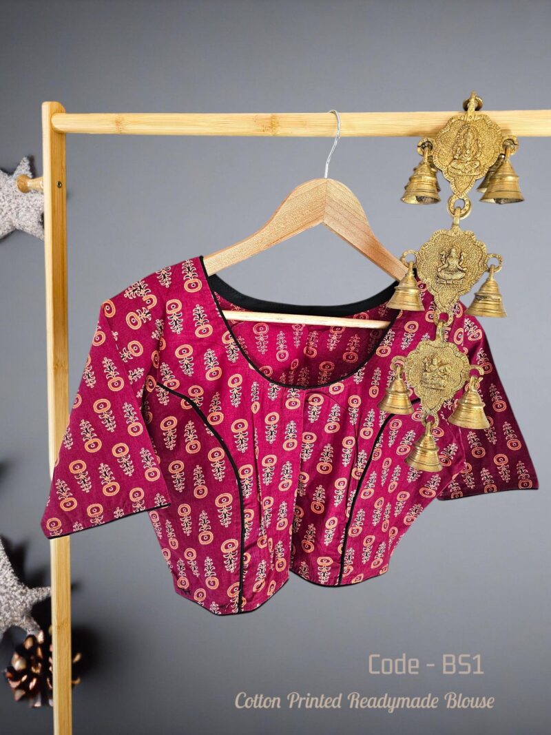 Cotton Ajrakh/Ikkat Handblock Print Boatneck Blouse – Front Open, Non-Padded, Pure Cotton, Alterable Size (32-42), Traditional Ethnic Wear for Women.