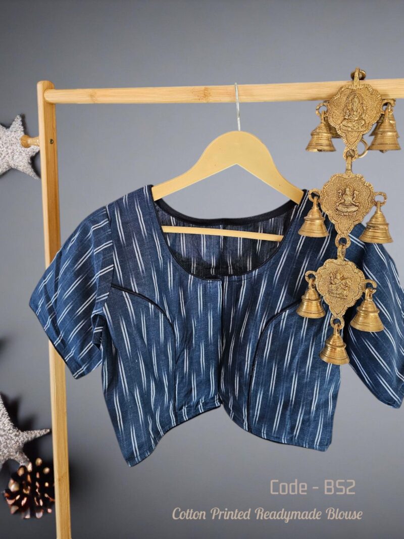 Cotton Ajrakh/Ikkat Handblock Print Boatneck Blouse – Front Open, Non-Padded, Pure Cotton, Alterable Size (32-42), Traditional Ethnic Wear for Women.