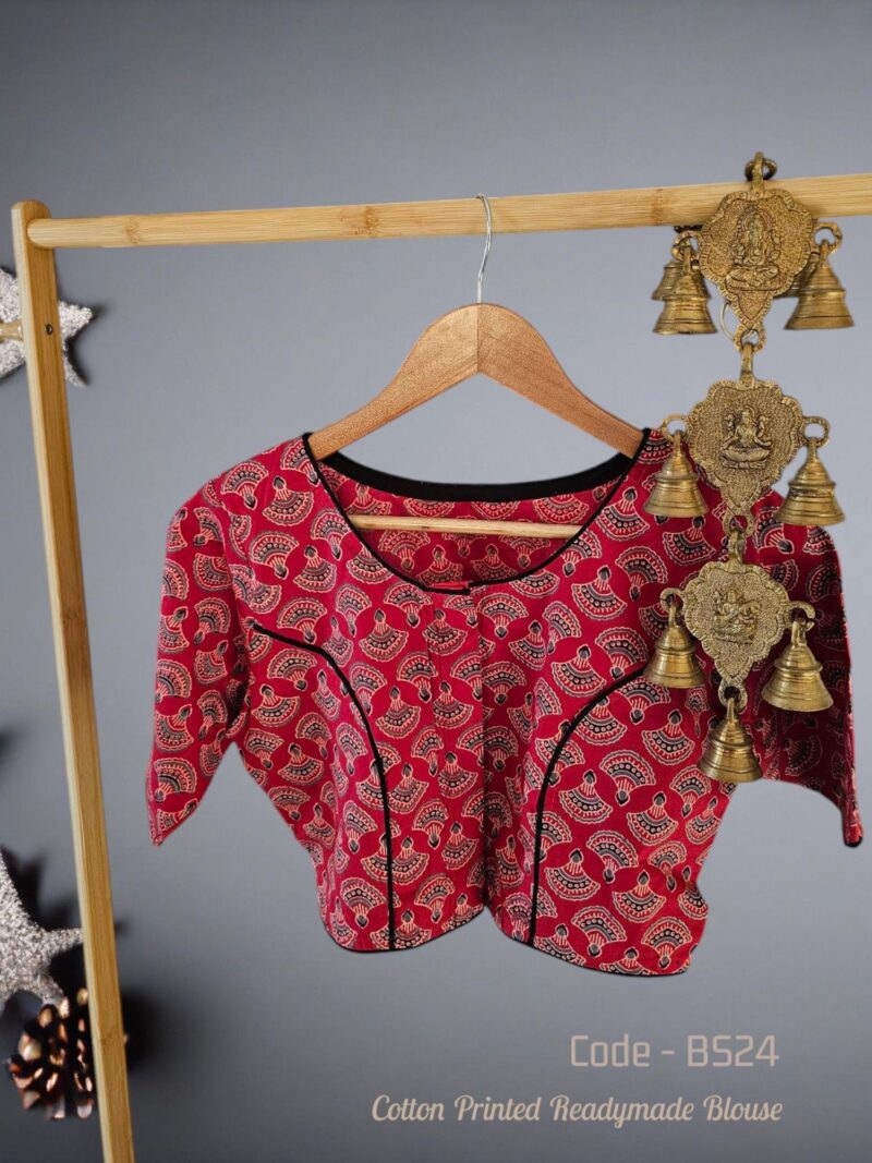 Cotton Ajrakh/Ikkat Handblock Print Boatneck Blouse – Front Open, Non-Padded, Pure Cotton, Alterable Size (32-42), Traditional Ethnic Wear for Women.